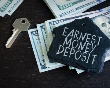 black background with money, key, and house that says earnest money deposit