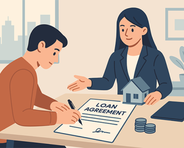 animated man signing loan agreement with animated woman
