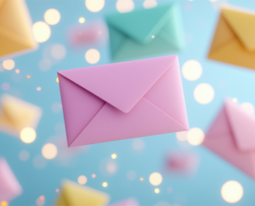 pink, yellow, and green envelopes against light blue background