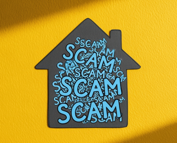 black house with blue words saying scam against yellow textured background